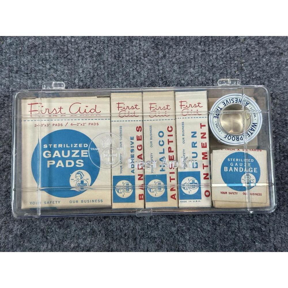 Vintage A.E. Halperin CO Halco Kleersite Kit FIRST AID KIT‎ Content Boston Mass